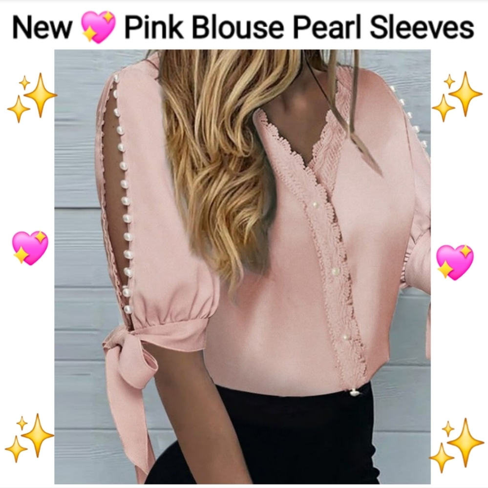 Chic Pink Embellished Short Sleeve Blouse Size XL